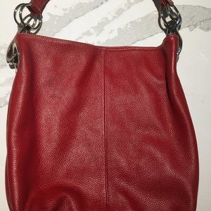 Red pebble-leather, over-shoulder purse.